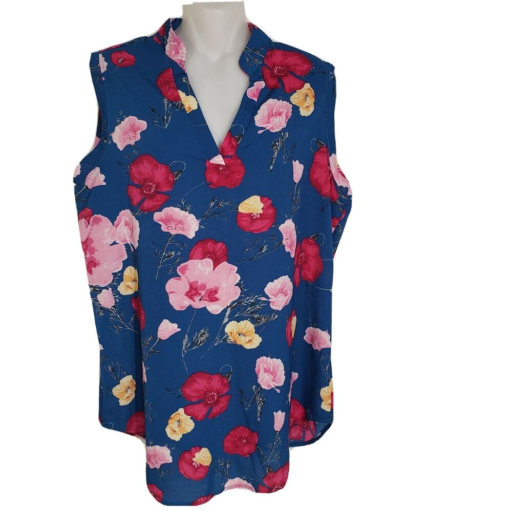 Amaryllis Women's Blouse Tunic Top Size Medium Sleeveless Floral Teal V Neck